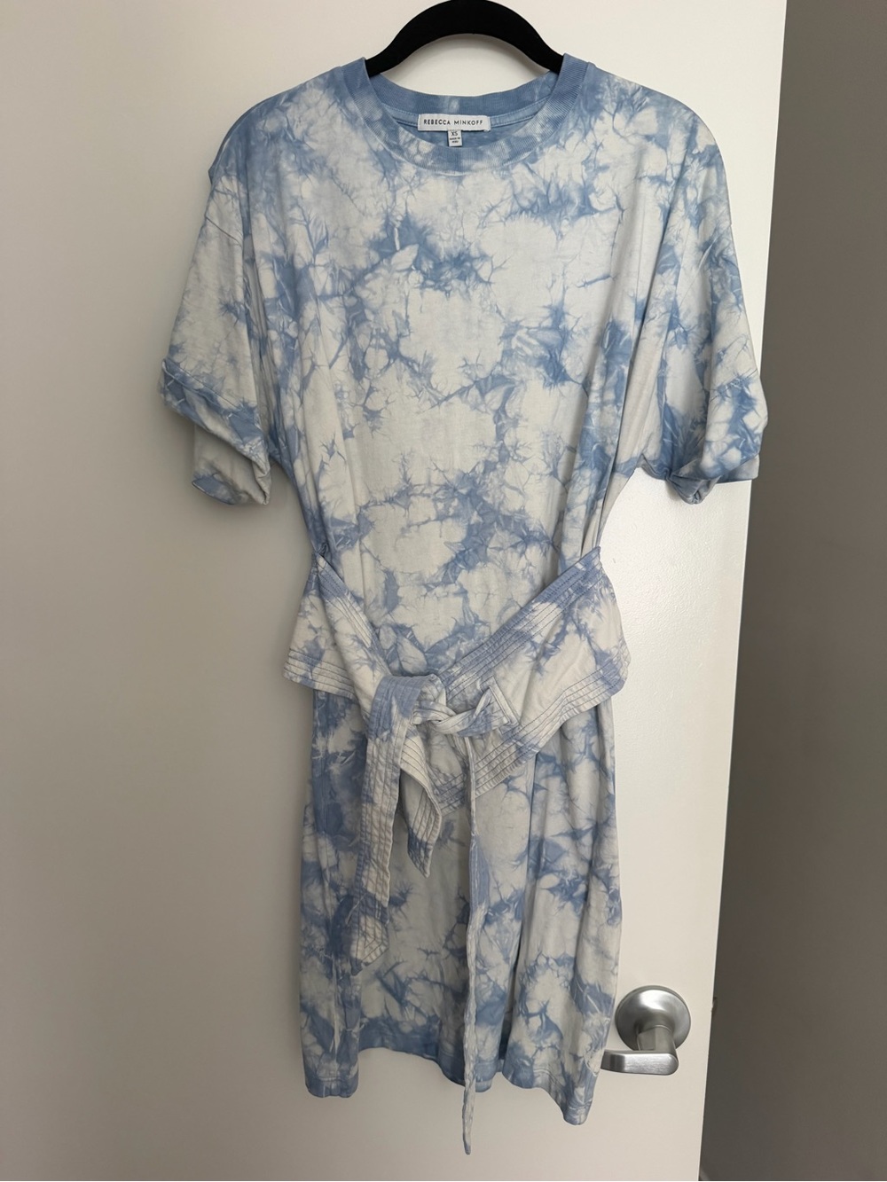 Rebecca Minkoff Light Blue and White Tie-Dye Mini Dress with Waist Tie